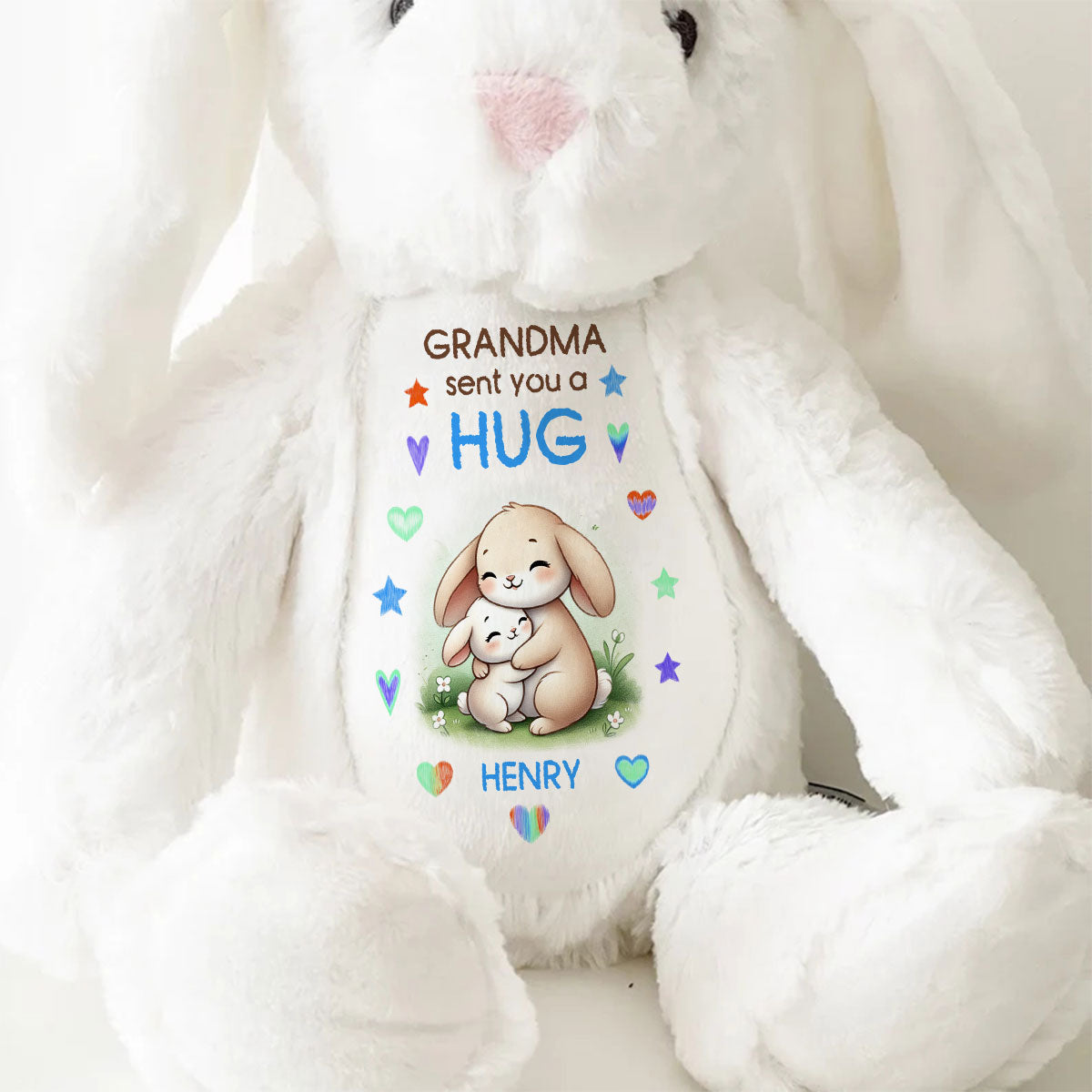 Grandma Sending You A Hug Personalized Stuffed Bunny, Personalized Grandma Hug Stuffed Bunny For Kid TD0014
