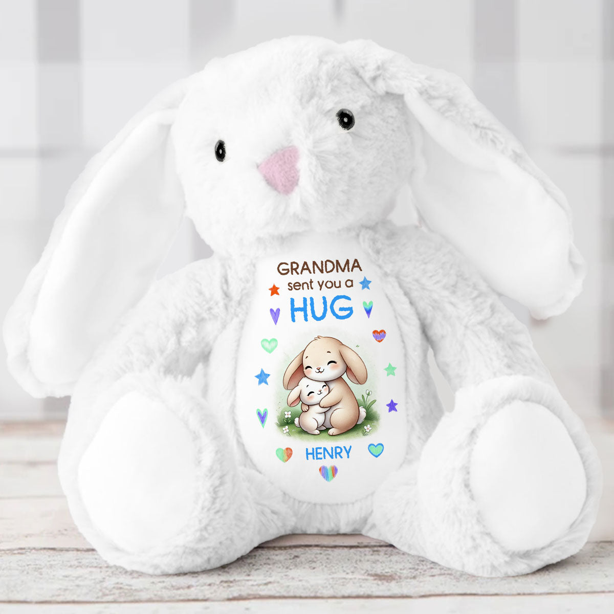 Grandma Sending You A Hug Personalized Stuffed Bunny, Personalized Grandma Hug Stuffed Bunny For Kid TD0014