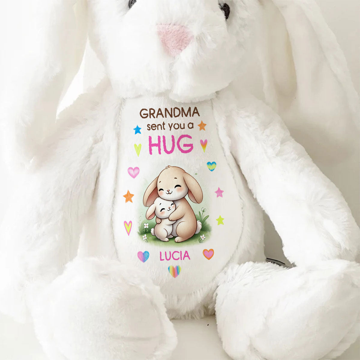 Grandma Sending You A Hug Personalized Stuffed Bunny, Personalized Grandma Hug Stuffed Bunny For Kid TD0014