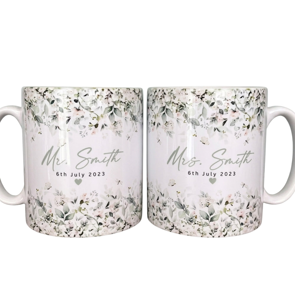 Personalized Mr And Mrs Floral Coffee Mug, Custom Bride And Groom Mug WD0263
