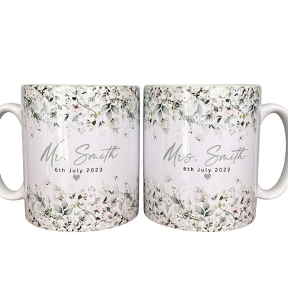 Personalized Mr And Mrs Floral Coffee Mug, Custom Bride And Groom Mug WD0263
