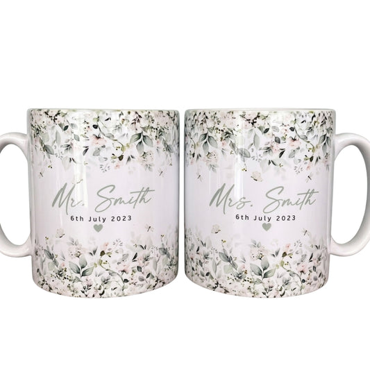 Personalized Mr And Mrs Floral Coffee Mug, Custom Bride And Groom Mug WD0263