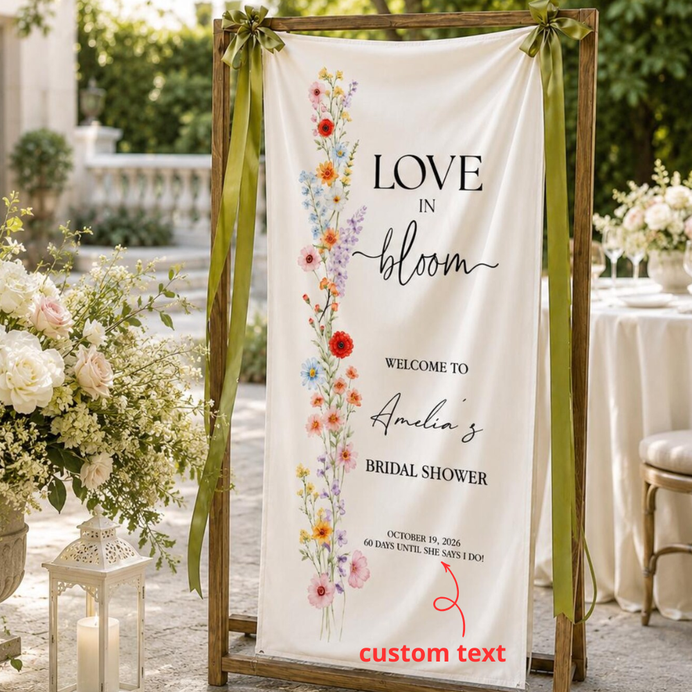 Love In Bloom Custom Bridal Shower Fabric Welcome Banner, Custom Floral Bridal Shower Party Welcome Sign WD0456