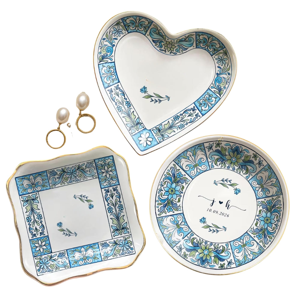 Personalized Blue Floral Wedding Jewelry Dish, Custom Wedding Ring Dish WD0383