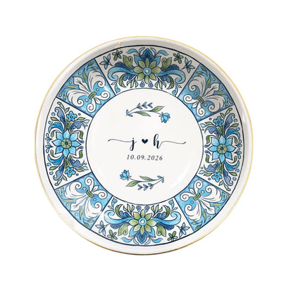 Personalized Blue Floral Wedding Jewelry Dish, Custom Wedding Ring Dish WD0383