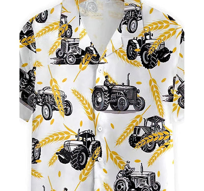 Tractors On Wheat Pattern Summer Clothes Hawaiian Shirt, Button Up Aloha Shirt For Men, Women HO0842