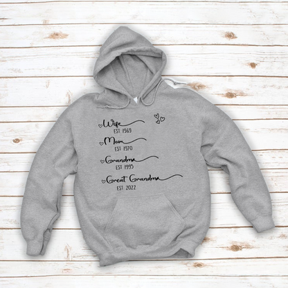Wife Mom Grandma Great Grandma Est Hoodie MI0693