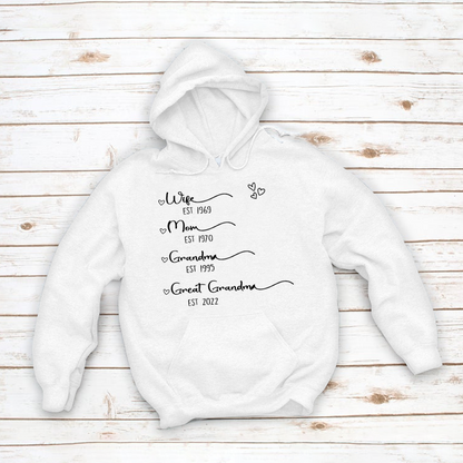 Wife Mom Grandma Great Grandma Est Hoodie MI0693