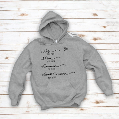 Wife Mom Grandma Great Grandma Est Hoodie MI0693