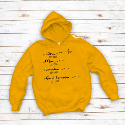 Wife Mom Grandma Great Grandma Est Hoodie MI0693