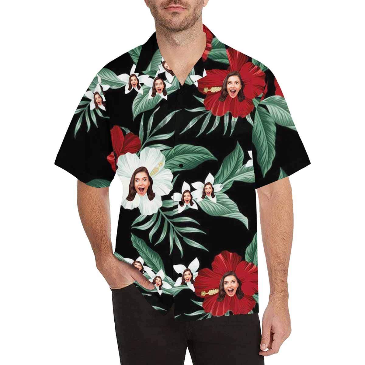 Custom Face Hawaiian Shirt Red Flower Leaves Aloha Shirts for Boyfriend/Husband Birthday Vacation Party Gift HO4343