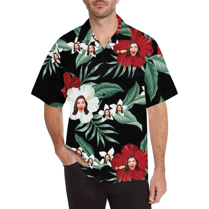 Custom Face Hawaiian Shirt Red Flower Leaves Aloha Shirts for Boyfriend/Husband Birthday Vacation Party Gift HO4343
