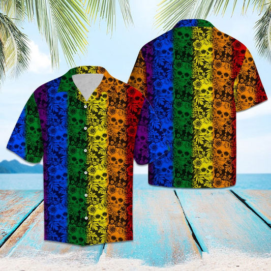 Tropical Plants And Skull Lgbt Color Striped Pattern Hawaiian Shirt, Gay Pride 3D Shirt HO5478