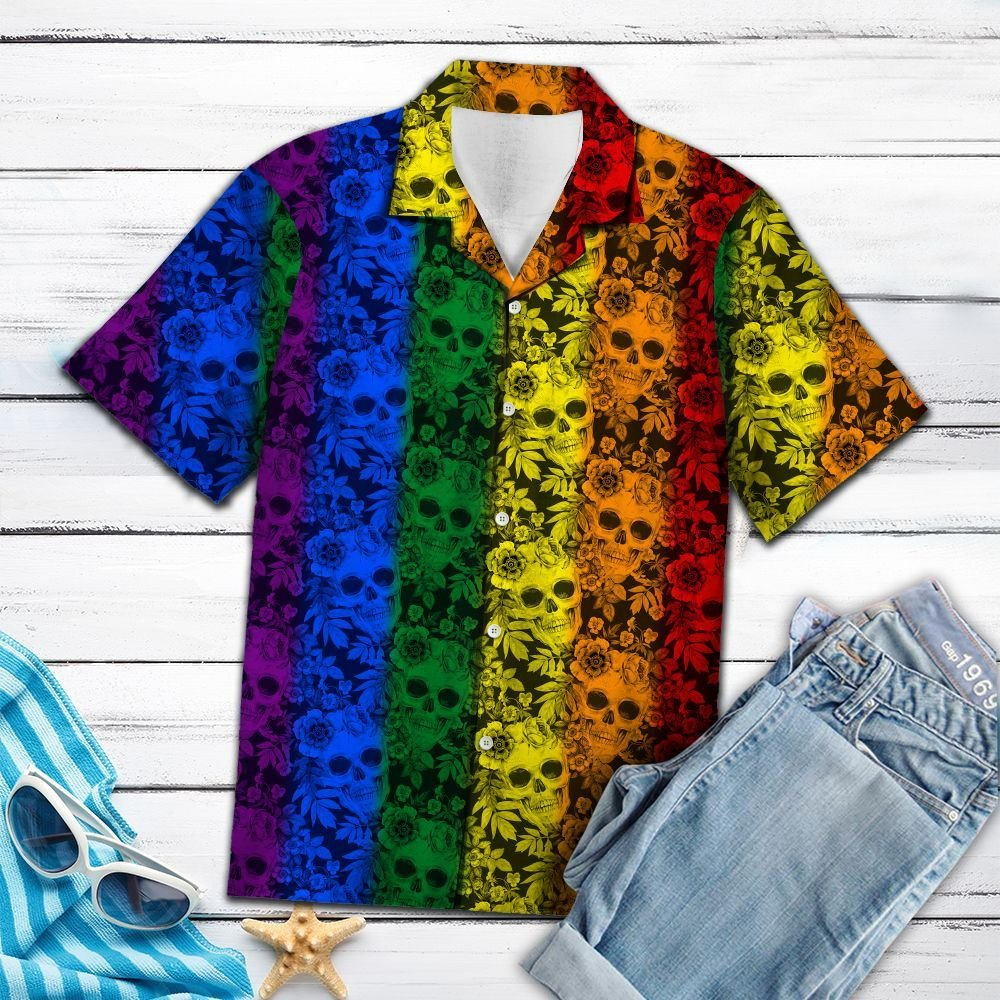 Tropical Plants And Skull Lgbt Color Striped Pattern Hawaiian Shirt, Gay Pride 3D Shirt HO5478