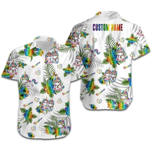 Personalized LGBT Unicorn Hawaiian Shirt, Hibiscus Custom Name Hawaiian Shirt HO5475