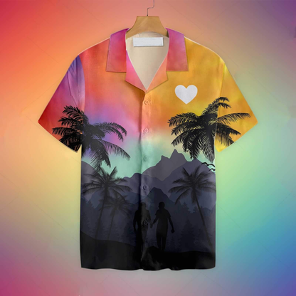 Gay Pride 3D Hawaiian Shirt, Cool LGBT Sunset With Heart Hawaiian Shirt HO5456
