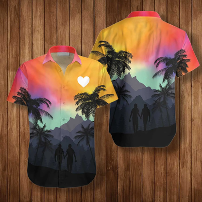 Gay Pride 3D Hawaiian Shirt, Cool LGBT Sunset With Heart Hawaiian Shirt HO5456