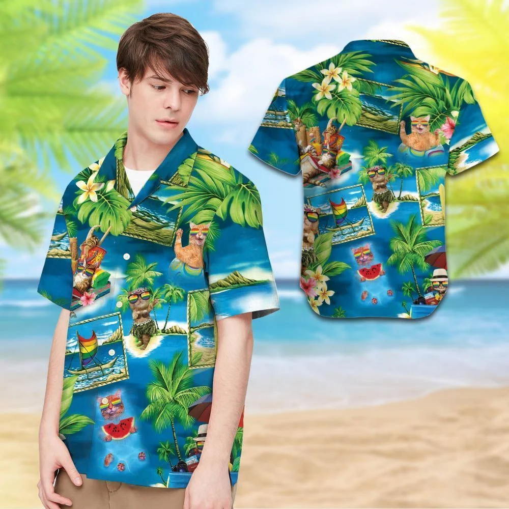Beach Shirt Felacia Lgbt With Cats And Tropical Leaves For Lgbt Community Hawaiian Shirt ,Aloha Shirt HO4517