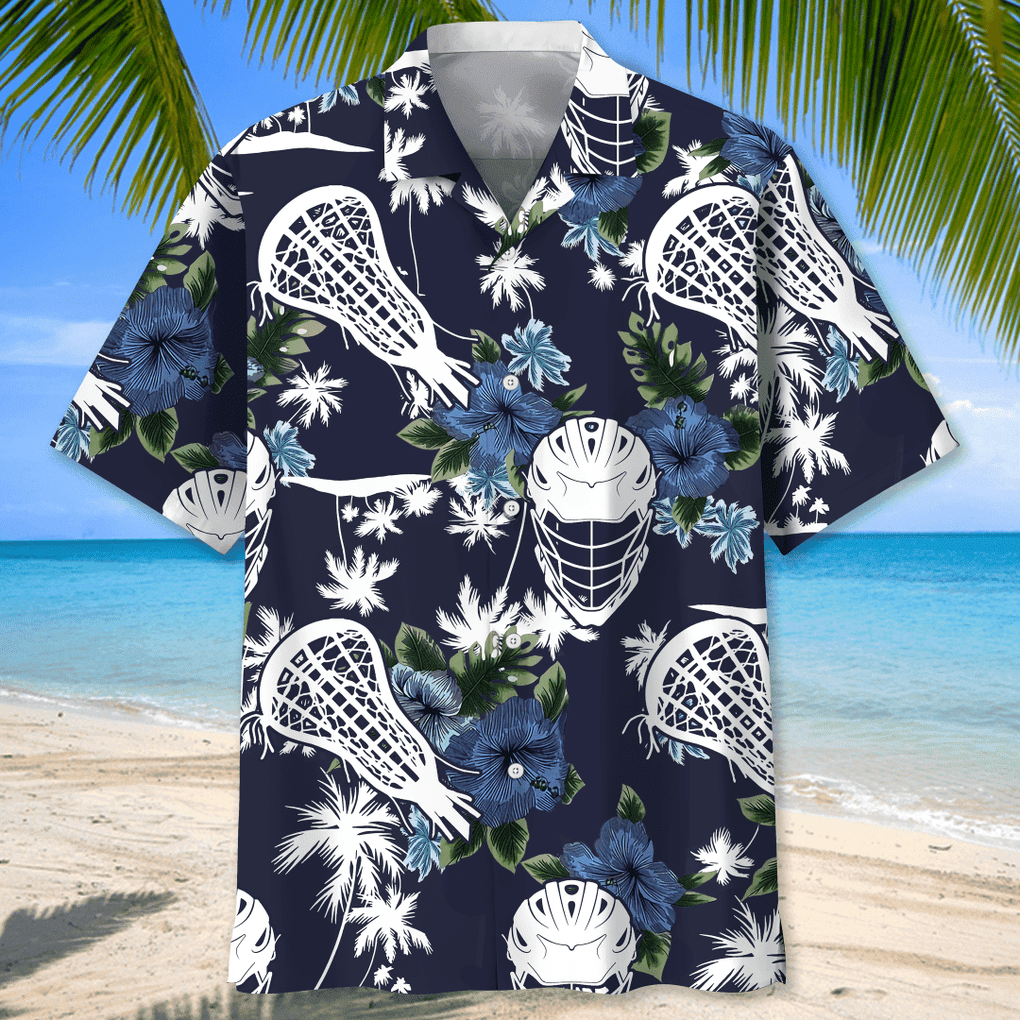 Lacrosse Shirt - Blue Lacrosse With Tropical Seamless Pattern In Black Hawaii Shirt - Gifts For Lacrosse Players HO3701