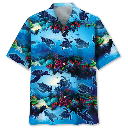 Turtle Shark Hawaiian Shirt, Ocean Turtle Background Pattern Shirt, Sea Turtle Summer Beach Hawaii Shirt HO3791