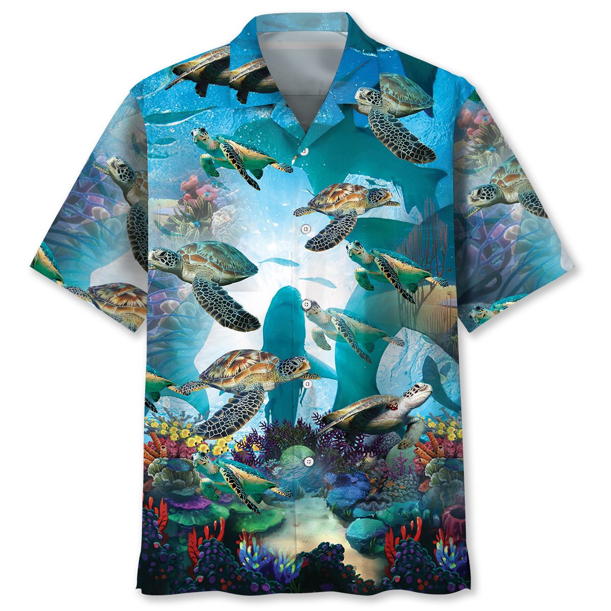 Turtle Shark Hawaiian Shirt, Ocean Turtle Background Pattern Shirt, Sea Turtle Summer Beach Hawaii Shirt HO3791