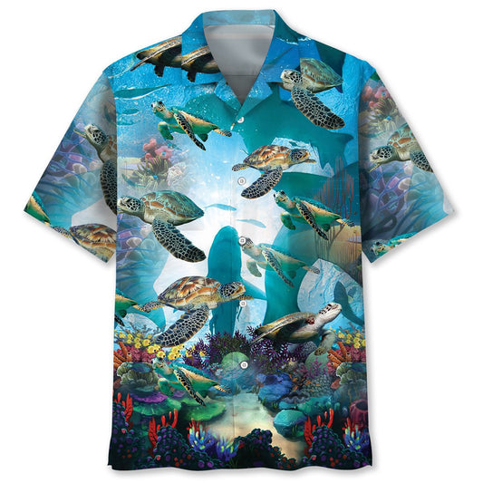 Turtle Shark Hawaiian Shirt, Ocean Turtle Background Pattern Shirt, Sea Turtle Summer Beach Hawaii Shirt HO3791