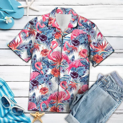 Pink Flamingo With Red Hibiscus In White Hawaiian Shirt HO2190