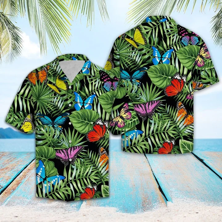 Butterfly And Green Tropical Leaves Design Hawaiian Shirt HO2154