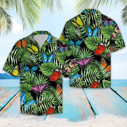 Butterfly And Green Tropical Leaves Design Hawaiian Shirt HO2154