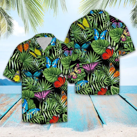 Butterfly And Green Tropical Leaves Design Hawaiian Shirt HO2154