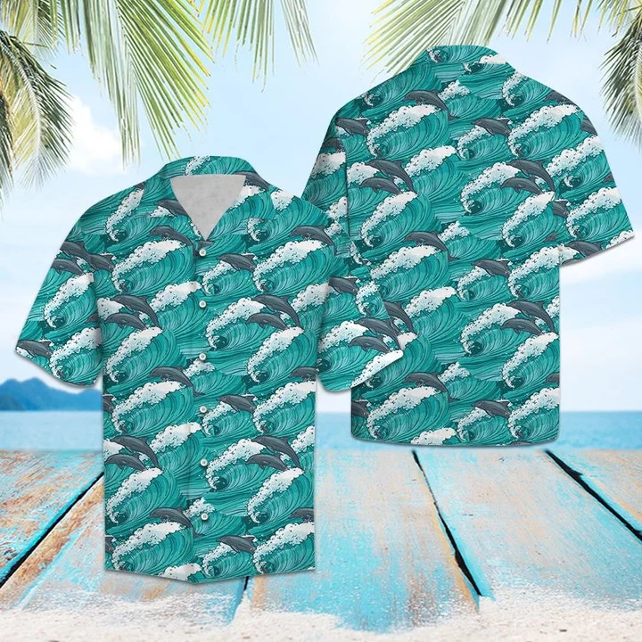 Enticing Dolphin Jumping On Huge Waves Pattern Hawaiian Shirt HO2110