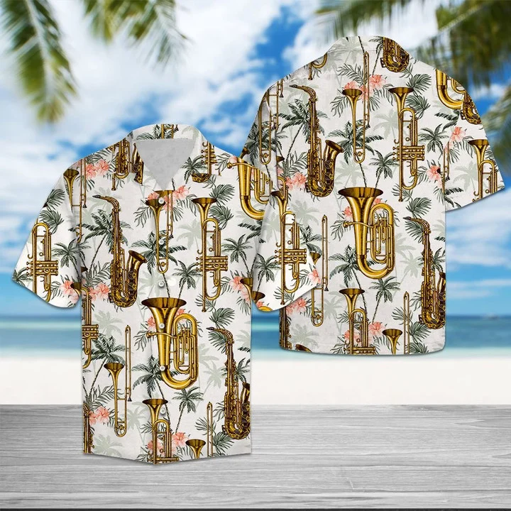 Golden Saxophone With Palm Trees In White Hawaiian Shirt HO2104