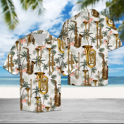 Golden Saxophone With Palm Trees In White Hawaiian Shirt HO2104