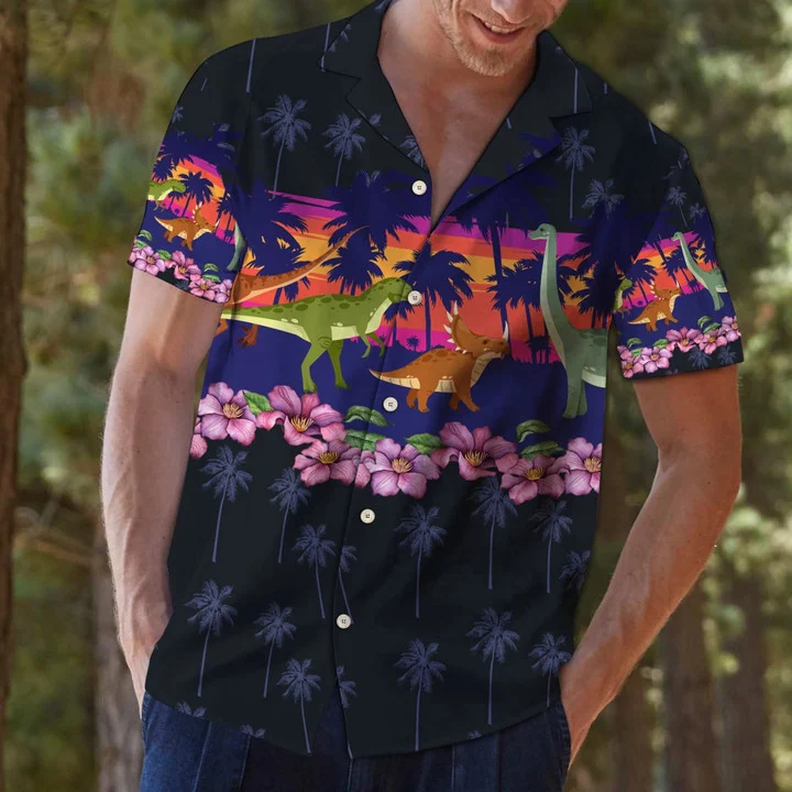 Dinosaur Border Chest Print Black Theme Hawaiian Shirt HO2105