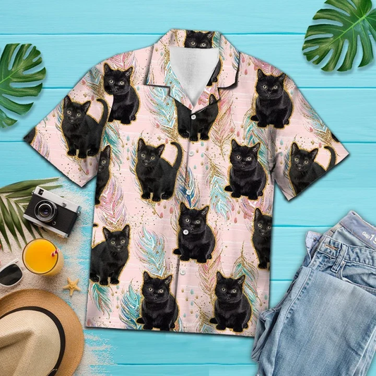 Cute Baby Black Cat Boho Feather Pattern Hawaiian Shirt HO2140