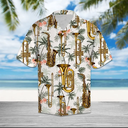 Golden Saxophone With Palm Trees In White Hawaiian Shirt HO2104