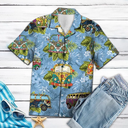 Deluxe Tropical Hippie Bus Mix Blue Theme Hawaiian Shirt HO2138