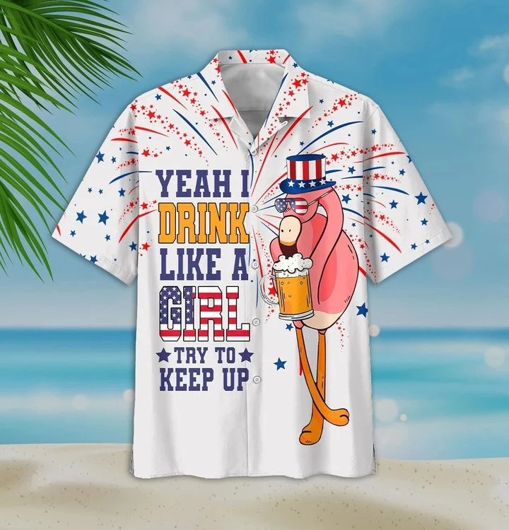 Yeah I Drink Like A Girl Charming Flamingo And Beer White Theme Hawaiian Shirt HO2136