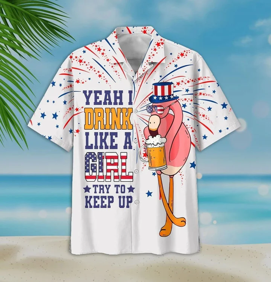 Yeah I Drink Like A Girl Charming Flamingo And Beer White Theme Hawaiian Shirt HO2136