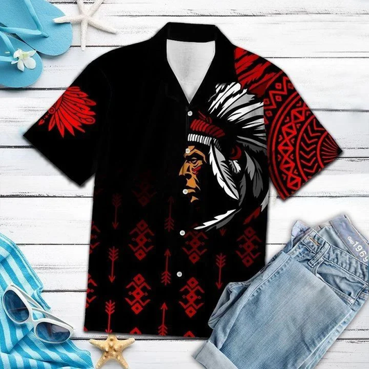 Native American With Hat Of Feathers Black And White Theme Hawaiian Shirt HO2118