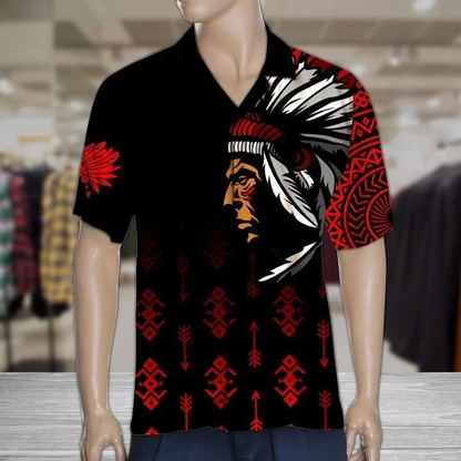 Native American With Hat Of Feathers Black And White Theme Hawaiian Shirt HO2118