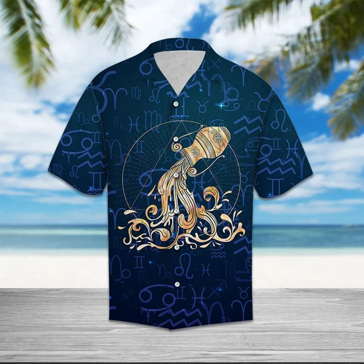 Amazing Aquarius Zodiac Symbol On Blue Pattern Hawaiian Shirt HO2053