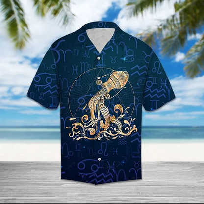 Amazing Aquarius Zodiac Symbol On Blue Pattern Hawaiian Shirt HO2053