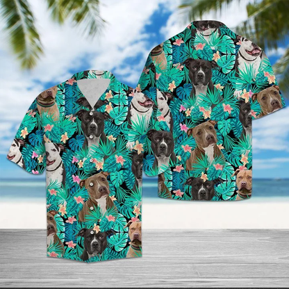 Lovely Pit Bull On Leaves Design Hawaiian Shirt HO1929