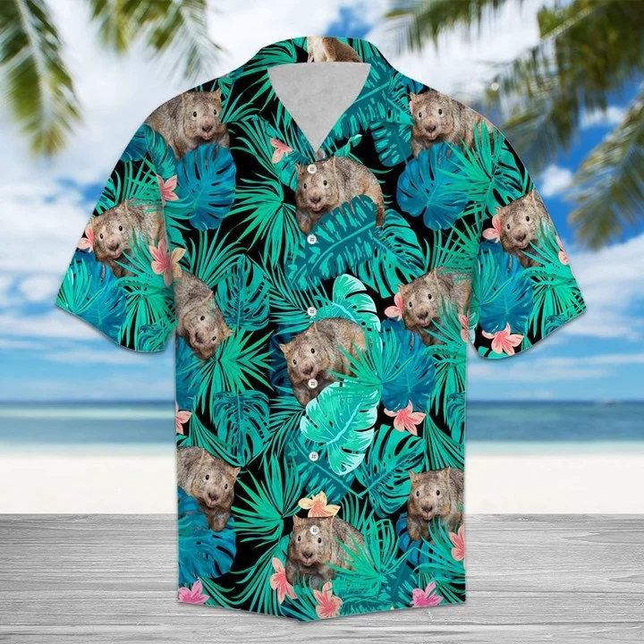 Wombat Tropical Palm Leaves And Pink Flower Pattern Hawaiian Shirt HO1924
