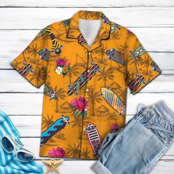 Skateboard yellow hawaiian shirt, Cool Skateboard Tropical Flowers Burned Yellow Background Pattern Hawaiian Shirt HO1933