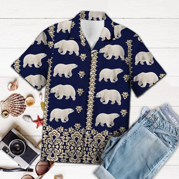 Bear hawaiian shirt, Great Gift For Polar Bear Lover Navy Pattern Hawaiian Shirt HO1925