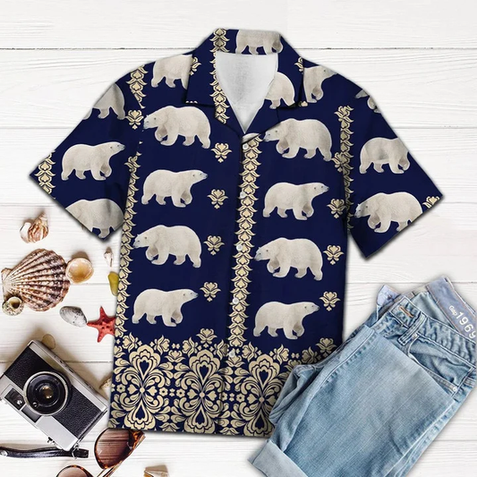 Bear hawaiian shirt, Great Gift For Polar Bear Lover Navy Pattern Hawaiian Shirt HO1925