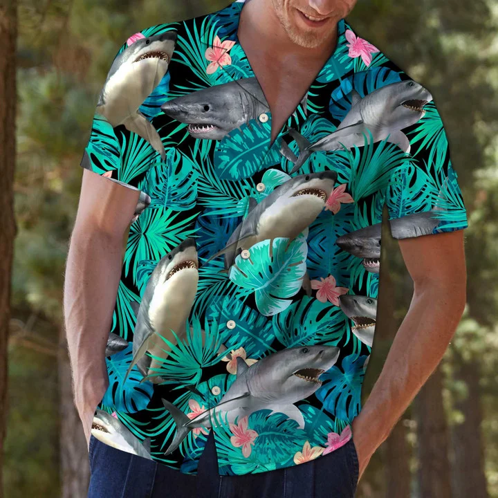 Angry Shark Tropical Jungle Design Hawaiian Shirt HO1946