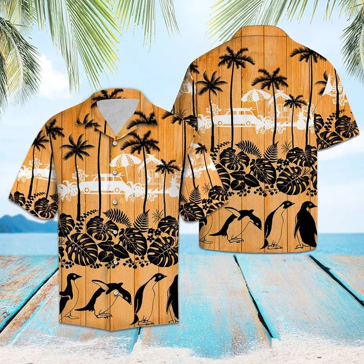 Happy Penguin Palm Tree Summer Vacation Hawaiian Shirt HO1943